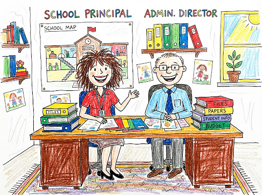 Directores y administración del colegio con carpetas y mapas