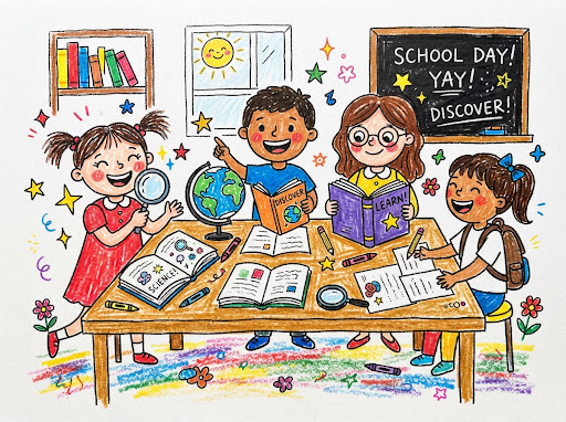 Estudiantes aprendiendo y colaborando juntos alegremente